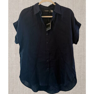Lauren NWT ($99)  | Dolman-sleeve button down linen shirt in navy blue | XS